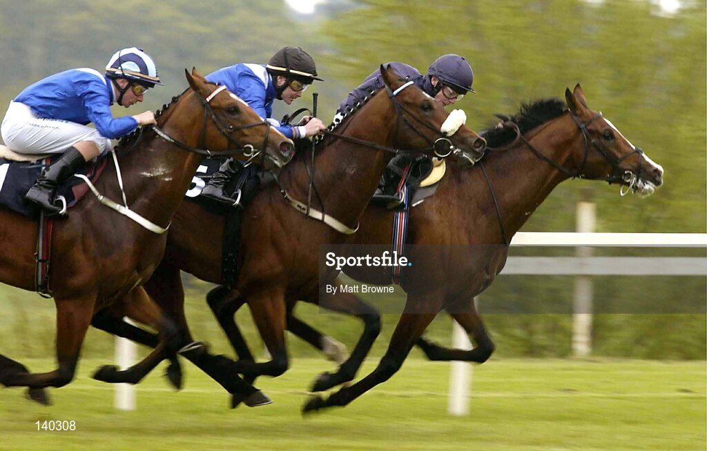 9 May 2004; Eventual winner Akarem, left, with Declan McDonogh up, goes past second place Monaser, centre, with Pat Smullen, and third place Napoleon, with Jamie Spence, on their way to winning the Carrickmines (3yo) Maiden. Leopardstown Racecourse, Dublin. Picture credit; Matt Browne / SPORTSFILE