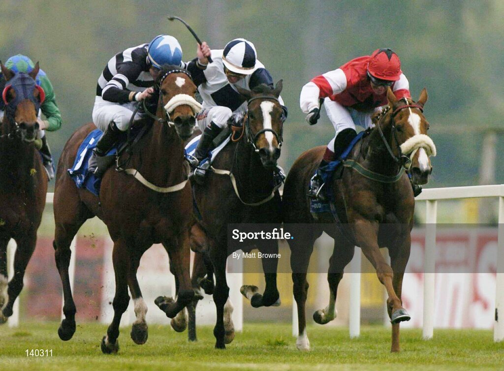 9 May 2004; Eventual winner Alexander Goldrum, centre, with Kevin Manning up, races with second place Misty Heights, left, with Pat Smullenon, and third place Miss Childrey, with Seamus Heffernan, on their way to winning the Derrinstown Stud 1,000 Guineas Trial. Leopardstown Racecourse, Dublin. Picture credit; Matt Browne / SPORTSFILE