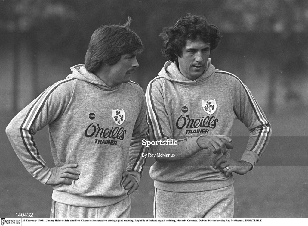 23 February 1981; Jimmy Holmes, left, and Don Givens in conversation during squad training. Republic of Ireland squad training, Maccabi Grounds, Dublin. Picture credit; Ray McManus / SPORTSFILE