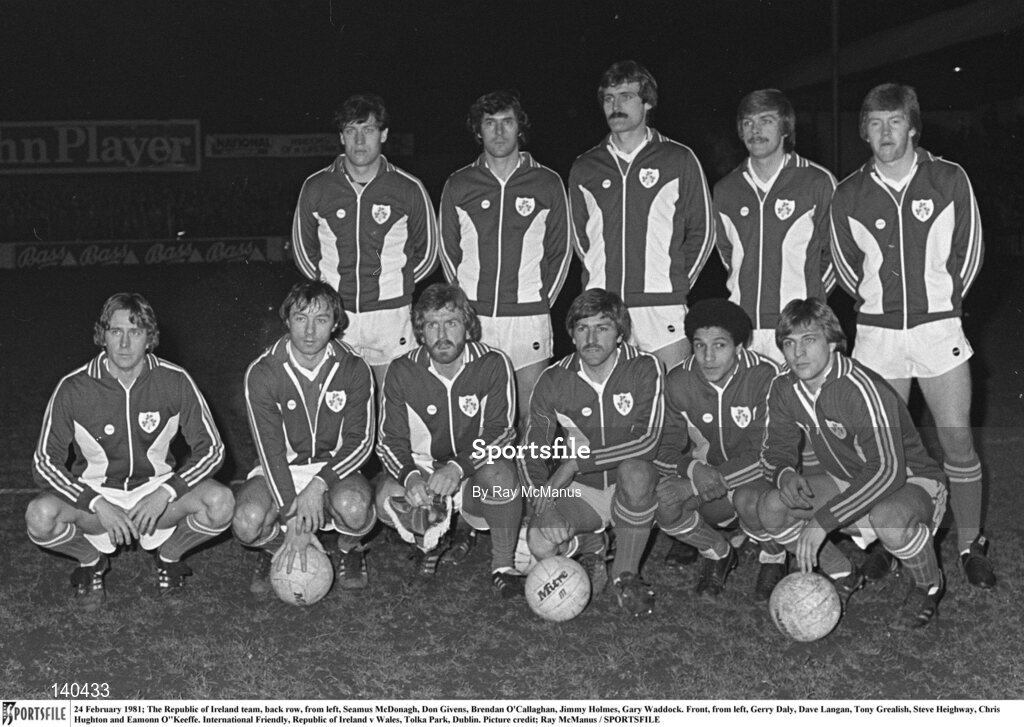 24 February 1981; The Republic of Ireland team, back row, from left, Seamus McDonagh, Don Givens, Brendan O'Callaghan, Jimmy Holmes, Gary Waddock. Front, from left, Gerry Daly, Dave Langan, Tony Grealish, Steve Heighway, Chris Hughton and Eamonn O'Keeffe. International Friendly, Republic of Ireland v Wales, Tolka Park, Dublin. Picture credit; Ray McManus / SPORTSFILE