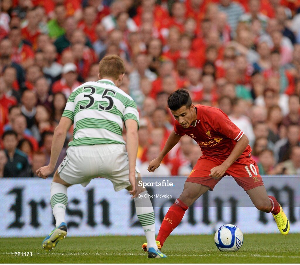 10 August 2013; Philippe Coutinho, Liverpool XI, in action against Stuart Findlay, Glasgow Celtic XI. Dublin Decider, Liverpool XI v Glasgow Celtic XI, Aviva Stadium, Lansdowne Road, Dublin. Picture credit: Oliver McVeigh / SPORTSFILE