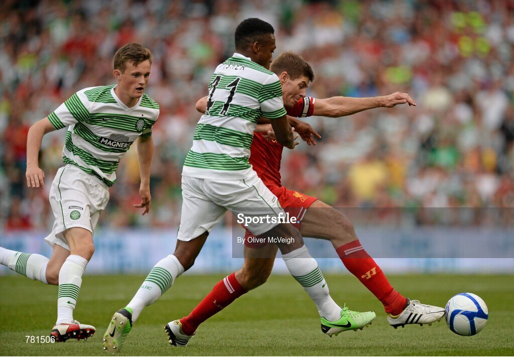 10 August 2013; Darnell Disher, Glasgow Celtic XI, in action against Steven Gerrard, Liverpool XI. Dublin Decider, Liverpool XI v Glasgow Celtic XI, Aviva Stadium, Lansdowne Road, Dublin. Picture credit: Oliver McVeigh / SPORTSFILE