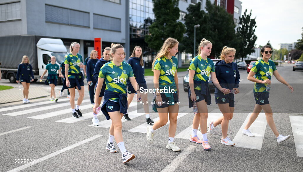 6 September 2022; Republic of Ireland players, from left, Harriet Scott, Aoibheann Clancy, Jessie Stapleton, Ellen Molloy and Eve Badana during a team walk near their hotel before the FIFA Women's World Cup 2023 Qualifier match between Slovakia and Republic of Ireland at National Training Centre in Senec, Slovakia. Photo by Stephen McCarthy/Sportsfile