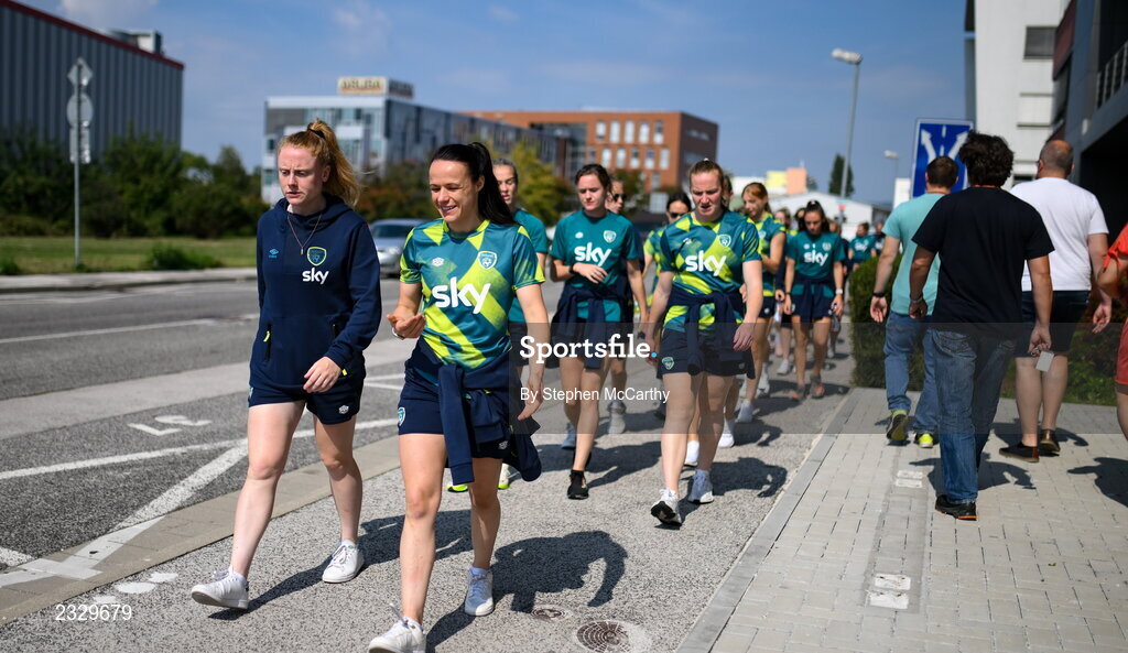 6 September 2022; Amber Barrett, left, and Áine O'Gorman of Republic of Ireland during a team walk near their hotel before the FIFA Women's World Cup 2023 Qualifier match between Slovakia and Republic of Ireland at National Training Centre in Senec, Slovakia. Photo by Stephen McCarthy/Sportsfile