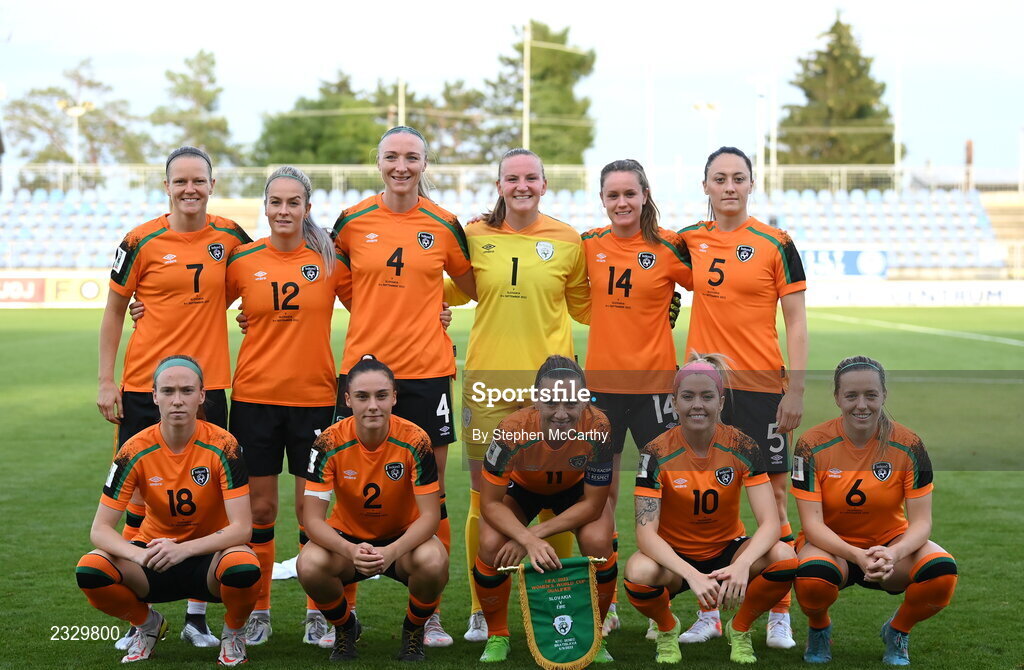 6 September 2022; The Republic of Ireland team, back row from left, Diane Caldwell, Lily Agg, Louise Quinn, goalkeeper Courtney Brosnan, Heather Payne and Megan Campbell. Front row, from left, Claire O'Riordan, Jessica Ziu, captain Katie McCabe, Denise O'Sullivan and Harriet Scott before the FIFA Women's World Cup 2023 Qualifier match between Slovakia and Republic of Ireland at National Training Centre in Senec, Slovakia. Photo by Stephen McCarthy/Sportsfile