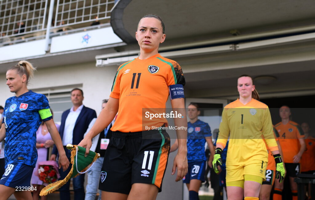 6 September 2022; Republic of Ireland captain Katie McCabe leads her side out before the FIFA Women's World Cup 2023 Qualifier match between Slovakia and Republic of Ireland at National Training Centre in Senec, Slovakia. Photo by Stephen McCarthy/Sportsfile