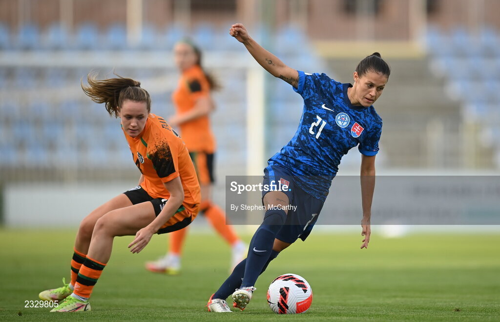 6 September 2022; Martina Šurnovská of Slovakia in action against Heather Payne of Republic of Ireland during the FIFA Women's World Cup 2023 Qualifier match between Slovakia and Republic of Ireland at National Training Centre in Senec, Slovakia. Photo by Stephen McCarthy/Sportsfile
