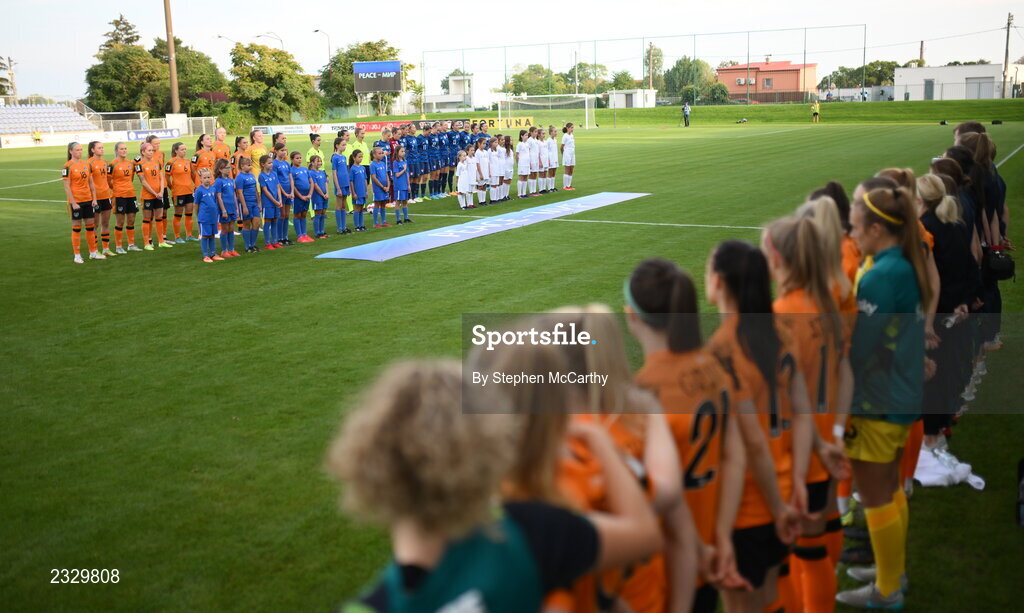 6 September 2022; Players and officials line-up before the FIFA Women's World Cup 2023 Qualifier match between Slovakia and Republic of Ireland at National Training Centre in Senec, Slovakia. Photo by Stephen McCarthy/Sportsfile