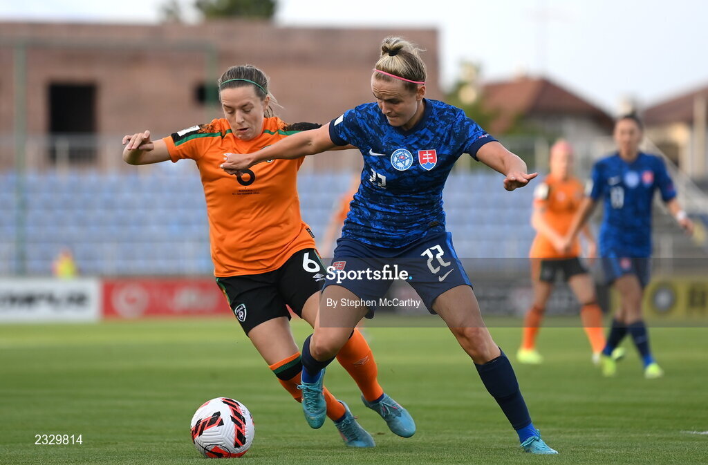 6 September 2022; Diana Lemešová of Slovakia in action against Harriet Scott of Republic of Ireland during the FIFA Women's World Cup 2023 Qualifier match between Slovakia and Republic of Ireland at National Training Centre in Senec, Slovakia. Photo by Stephen McCarthy/Sportsfile
