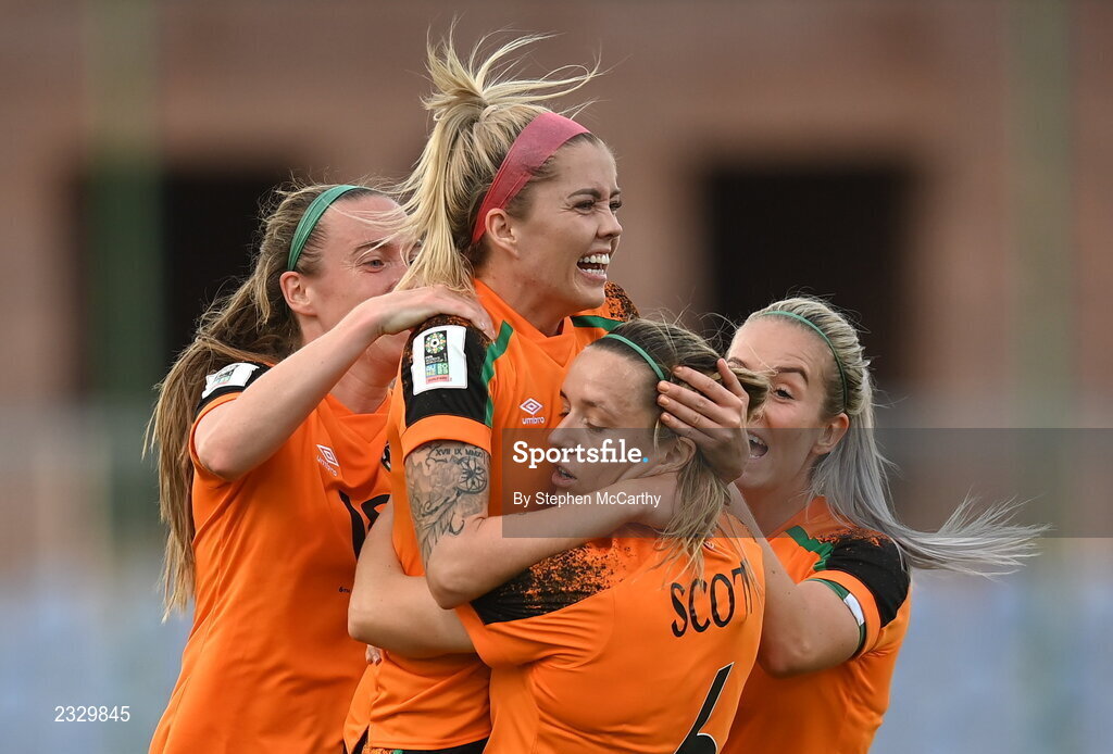 6 September 2022; Denise O'Sullivan of Republic of Ireland celebrates with teammates after scoring their side's first goal during the FIFA Women's World Cup 2023 Qualifier match between Slovakia and Republic of Ireland at National Training Centre in Senec, Slovakia. Photo by Stephen McCarthy/Sportsfile