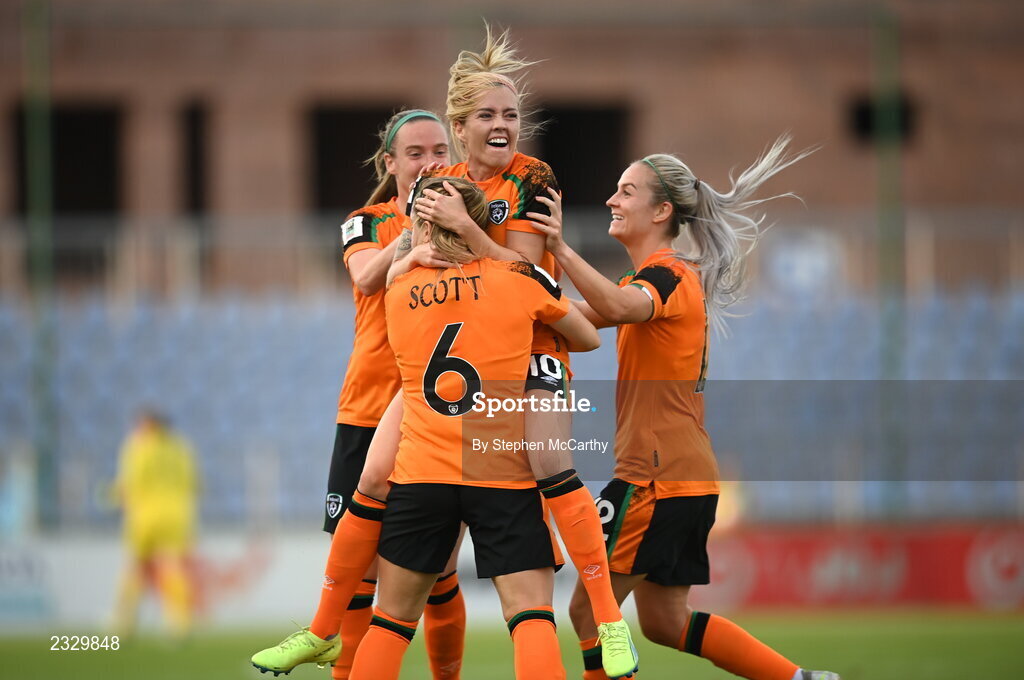 6 September 2022; Denise O'Sullivan of Republic of Ireland celebrates with teammates after scoring their side's first goal during the FIFA Women's World Cup 2023 Qualifier match between Slovakia and Republic of Ireland at National Training Centre in Senec, Slovakia. Photo by Stephen McCarthy/Sportsfile