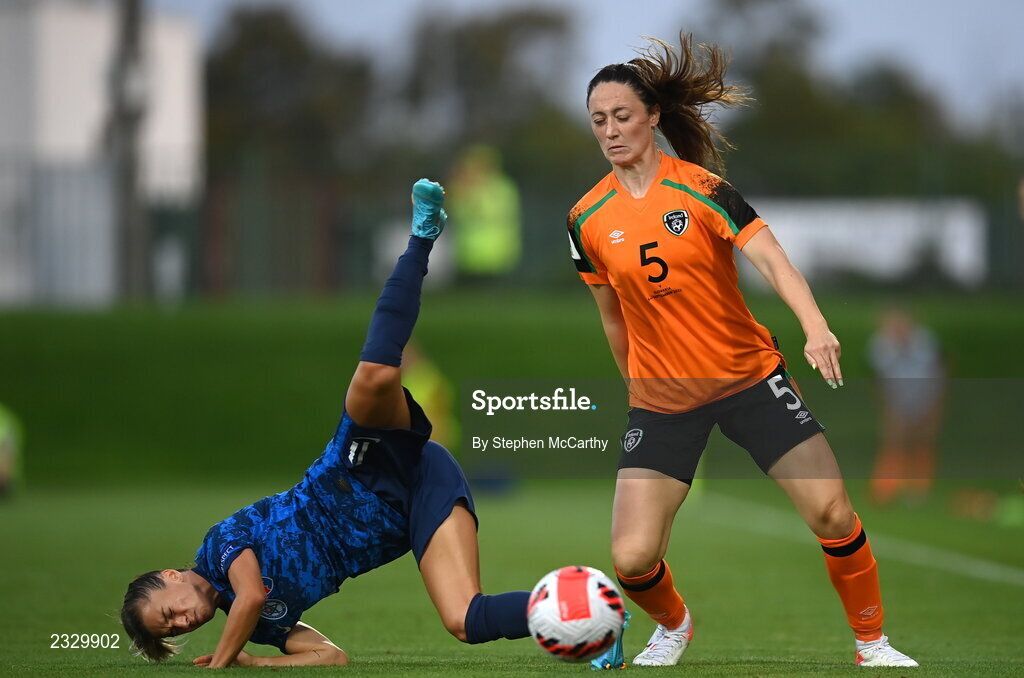 6 September 2022; Patrícia Hmírová of Slovakia is tackled by Megan Campbell of Republic of Ireland during the FIFA Women's World Cup 2023 Qualifier match between Slovakia and Republic of Ireland at National Training Centre in Senec, Slovakia. Photo by Stephen McCarthy/Sportsfile
