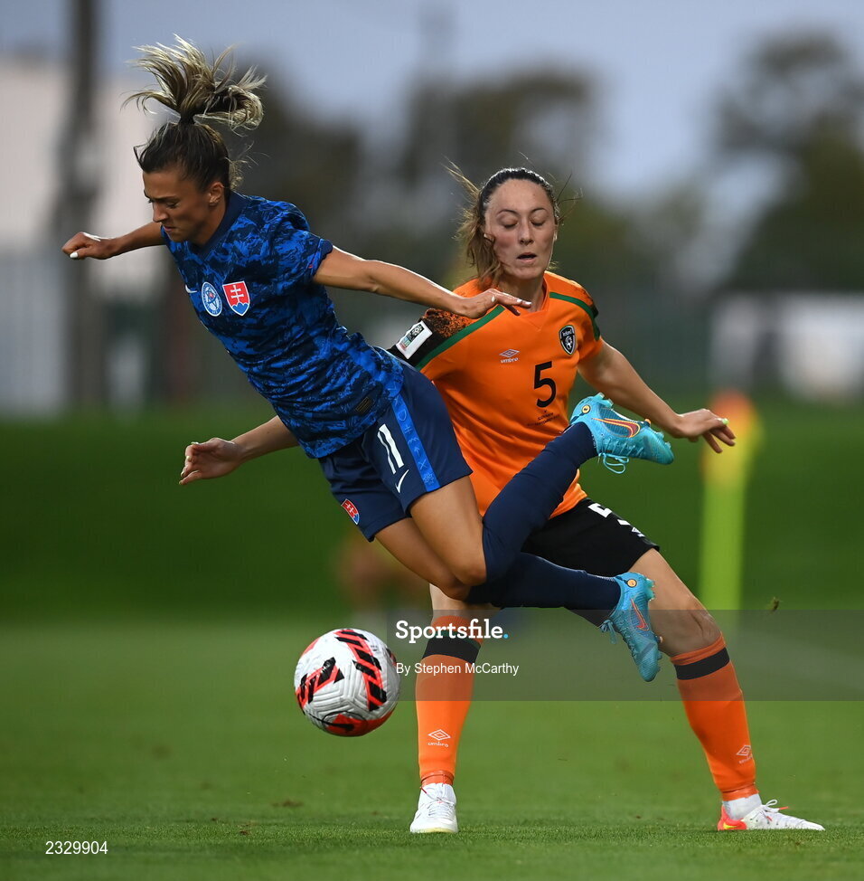6 September 2022; Patrícia Hmírová of Slovakia is tackled by Megan Campbell of Republic of Ireland during the FIFA Women's World Cup 2023 Qualifier match between Slovakia and Republic of Ireland at National Training Centre in Senec, Slovakia. Photo by Stephen McCarthy/Sportsfile