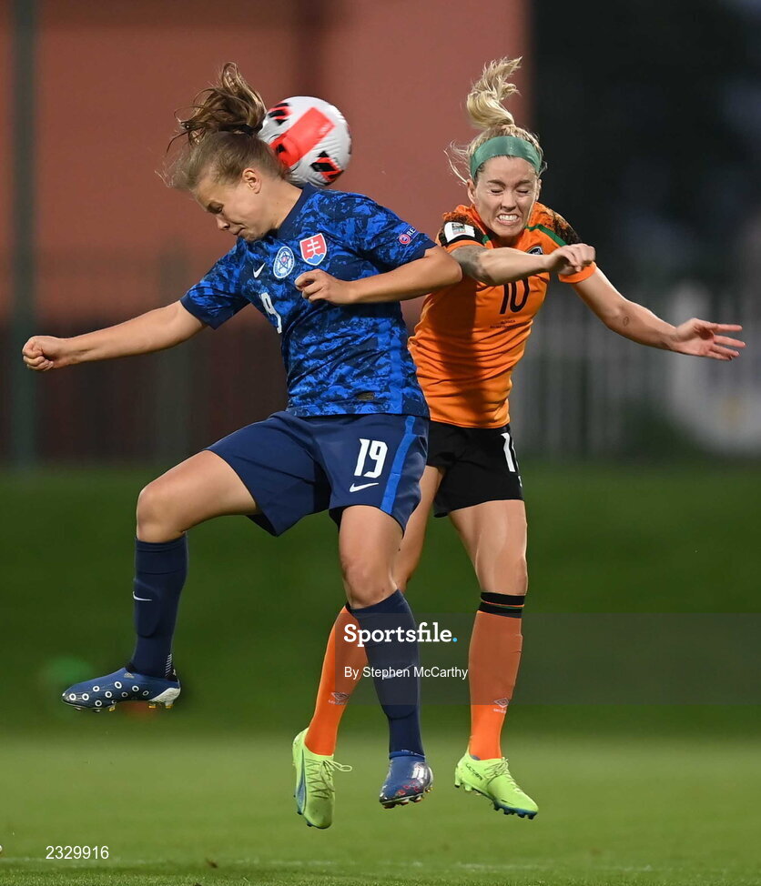 6 September 2022; Denise O'Sullivan of Republic of Ireland in action against Stela Semanová of Slovakia during the FIFA Women's World Cup 2023 Qualifier match between Slovakia and Republic of Ireland at National Training Centre in Senec, Slovakia. Photo by Stephen McCarthy/Sportsfile