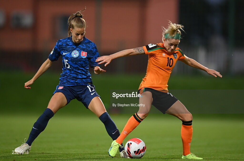 6 September 2022; Denise O'Sullivan of Republic of Ireland in action against Tamara Morávková of Slovakia during the FIFA Women's World Cup 2023 Qualifier match between Slovakia and Republic of Ireland at National Training Centre in Senec, Slovakia. Photo by Stephen McCarthy/Sportsfile