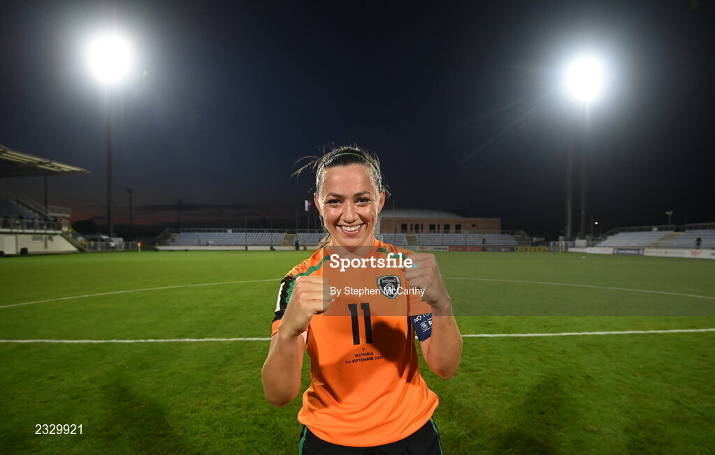 6 September 2022; Katie McCabe of Republic of Ireland celebrates after the FIFA Women's World Cup 2023 Qualifier match between Slovakia and Republic of Ireland at National Training Centre in Senec, Slovakia. Photo by Stephen McCarthy/Sportsfile