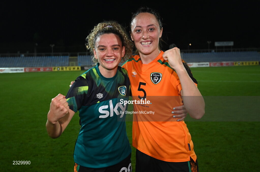 6 September 2022; Leanne Kiernan, left, and Megan Campbell of Republic of Ireland after the FIFA Women's World Cup 2023 Qualifier match between Slovakia and Republic of Ireland at National Training Centre in Senec, Slovakia. Photo by Stephen McCarthy/Sportsfile