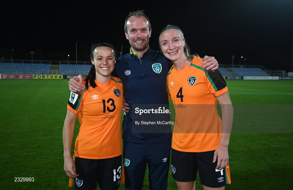 6 September 2022; Republic of Ireland players Áine O'Gorman, left, and Louise Quinn, right with Republic of Ireland video analyst Andrew Holt after the FIFA Women's World Cup 2023 Qualifier match between Slovakia and Republic of Ireland at National Training Centre in Senec, Slovakia. Photo by Stephen McCarthy/Sportsfile