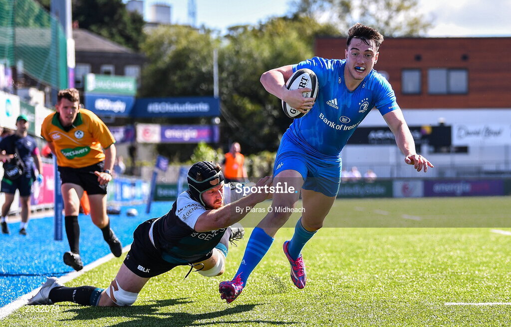 10 September 2022; Craig Adams of Leinster A in action against Ciarán Booth of Connacht A during the A Interprovincial match between Leinster A and Connacht A at Energia Park in Dublin. Photo by Piaras Ó Mídheach/Sportsfile