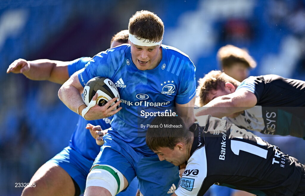 10 September 2022; Seán O'Brien of Leinster A in action against Daniel Hawkshaw of Connacht A during the A Interprovincial match between Leinster A and Connacht A at Energia Park in Dublin. Photo by Piaras Ó Mídheach/Sportsfile