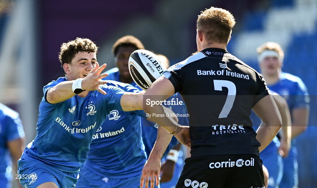 10 September 2022; Cormac Foley of Leinster A in action against Oisín McCormack of Connacht A, 7, during the A Interprovincial match between Leinster A and Connacht A at Energia Park in Dublin. Photo by Piaras Ó Mídheach/Sportsfile