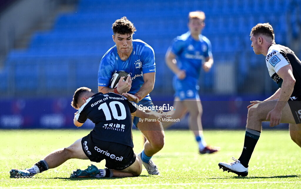 10 September 2022; Ben Brownlee of Leinster A is tackled by Harry West of Connacht A during the A Interprovincial match between Leinster A and Connacht A at Energia Park in Dublin. Photo by Piaras Ó Mídheach/Sportsfile