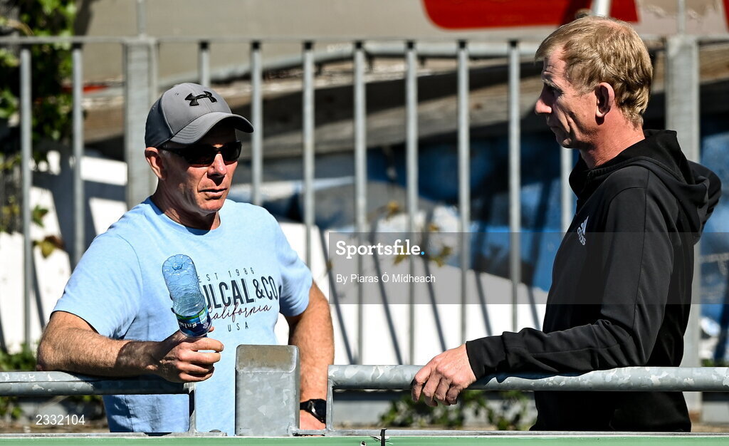 10 September 2022; Connacht director of rugby Andy Friend, left, and Leinster head coach Leo Cullen in conversation at the A Interprovincial match between Leinster A and Connacht A at Energia Park in Dublin. Photo by Piaras Ó Mídheach/Sportsfile