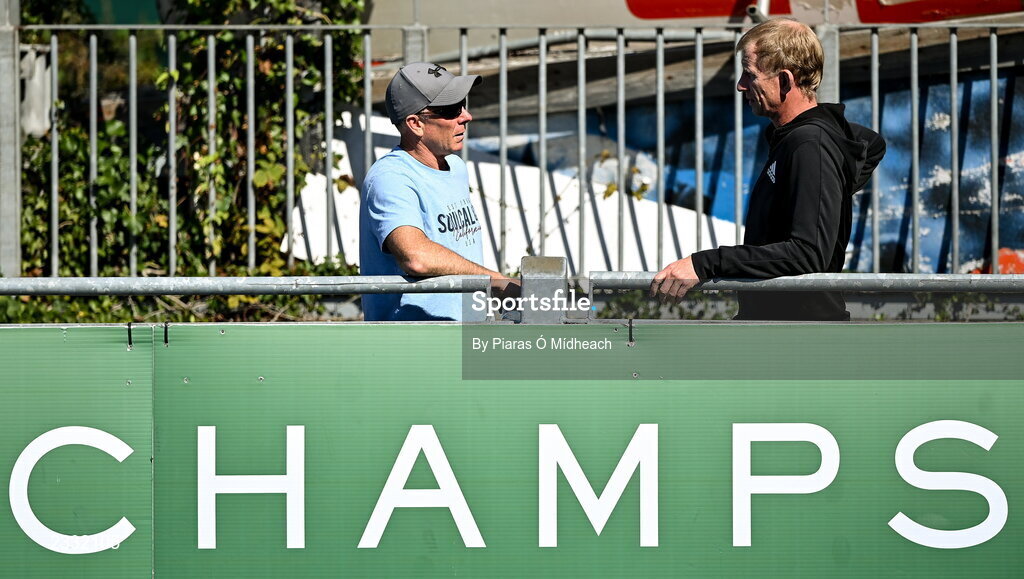 10 September 2022; Connacht director of rugby Andy Friend, left, and Leinster head coach Leo Cullen in conversation at the A Interprovincial match between Leinster A and Connacht A at Energia Park in Dublin. Photo by Piaras Ó Mídheach/Sportsfile