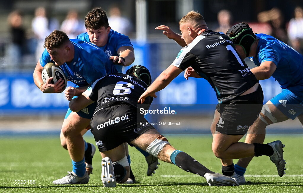 10 September 2022; Jack Boyle of Leinster A is tackled by Ciarán Booth of Connacht A, 6, during the A Interprovincial match between Leinster A and Connacht A at Energia Park in Dublin. Photo by Piaras Ó Mídheach/Sportsfile