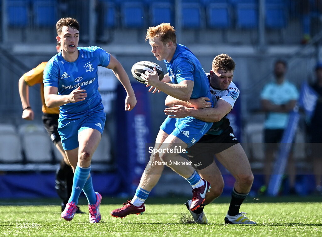 10 September 2022; Hugh Cooney of Leinster A is tackled by Cathal Forde of Connacht A during the A Interprovincial match between Leinster A and Connacht A at Energia Park in Dublin. Photo by Piaras Ó Mídheach/Sportsfile