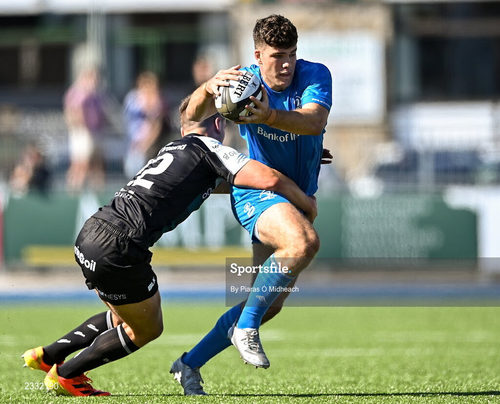 10 September 2022; Ben Brownlee of Leinster A is tackled by John Devine of Connacht A during the A Interprovincial match between Leinster A and Connacht A at Energia Park in Dublin. Photo by Piaras Ó Mídheach/Sportsfile