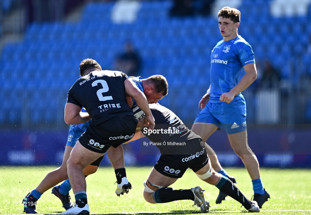10 September 2022; Tadgh McElroy of Leinster A is tackled by Eoin de Buitléar and Oisín McCormack of Connacht A during the A Interprovincial match between Leinster A and Connacht A at Energia Park in Dublin. Photo by Piaras Ó Mídheach/Sportsfile