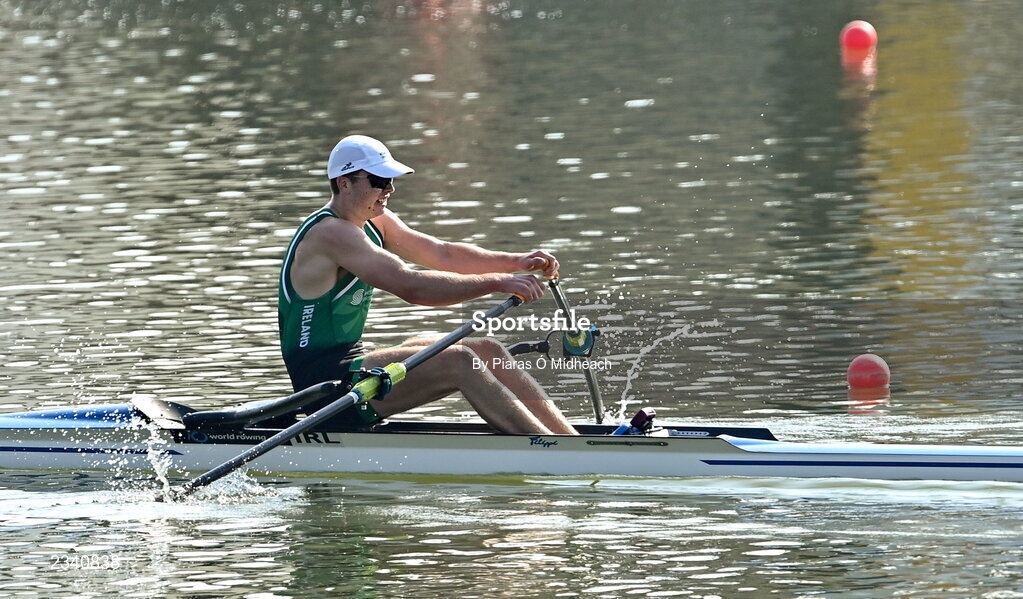 25 September 2022; Brian Colsh of Ireland on his way to finishing third in the Men's Single Sculls Final C, in a time of 07:07.24, during day 8 of the World Rowing Championships 2022 at Racice in Czech Republic. Photo by Piaras Ó Mídheach/Sportsfile