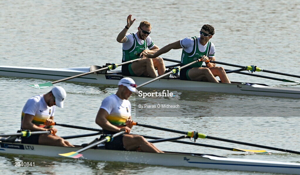 25 September 2022; Konan Pazzaia, left, and Philip Doyle of Ireland after winning the Men's Double Sculls Final C, in a time of 06:18.32, during day 8 of the World Rowing Championships 2022 at Racice in Czech Republic. Photo by Piaras Ó Mídheach/Sportsfile