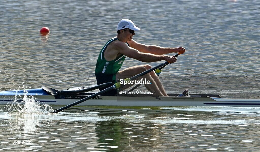 25 September 2022; Brian Colsh of Ireland on his way to finishing third in the Men's Single Sculls Final C, in a time of 07:07.24, during day 8 of the World Rowing Championships 2022 at Racice in Czech Republic. Photo by Piaras Ó Mídheach/Sportsfile