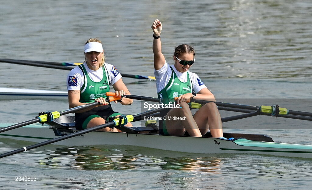25 September 2022; Sanita Puspure, left, and Zoe Hyde of Ireland after finishing third in the Women's Double Sculls Final A, in a time of 06:52.81, during day 8 of the World Rowing Championships 2022 at Racice in Czech Republic. Photo by Piaras Ó Mídheach/Sportsfile