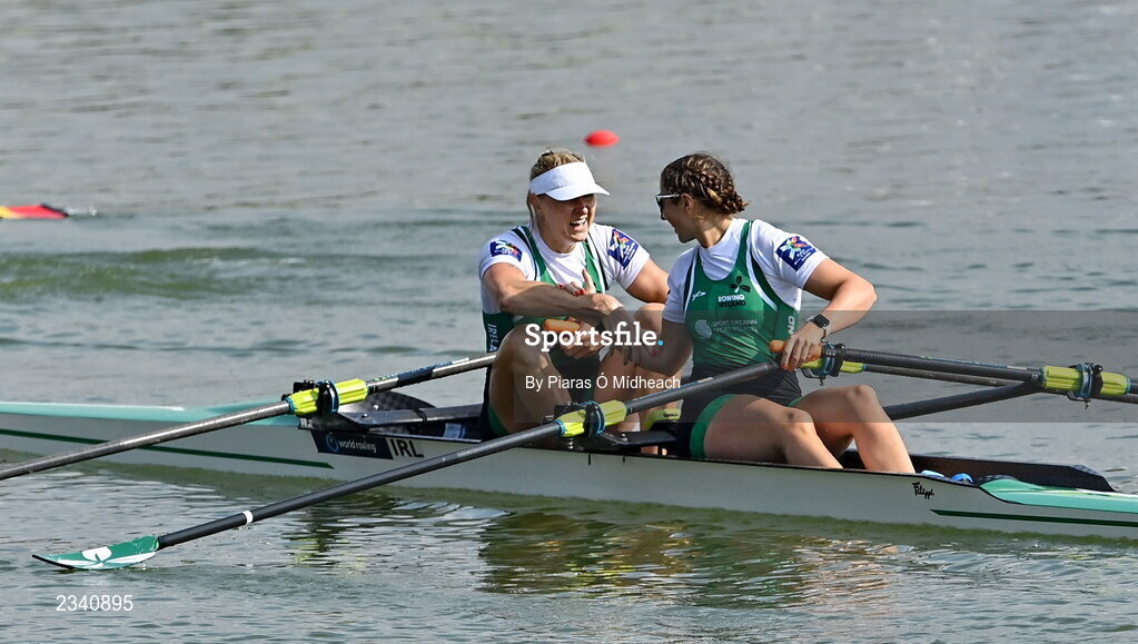 25 September 2022; Sanita Puspure, left, and Zoe Hyde of Ireland after finishing third in the Women's Double Sculls Final A, in a time of 06:52.81, during day 8 of the World Rowing Championships 2022 at Racice in Czech Republic. Photo by Piaras Ó Mídheach/Sportsfile