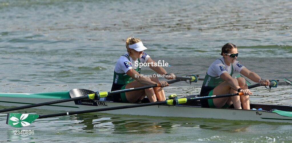 25 September 2022; Sanita Puspure, left, and Zoe Hyde of Ireland on their way to finishing third in the Women's Double Sculls Final A, in a time of 06:52.81, during day 8 of the World Rowing Championships 2022 at Racice in Czech Republic. Photo by Piaras Ó Mídheach/Sportsfile