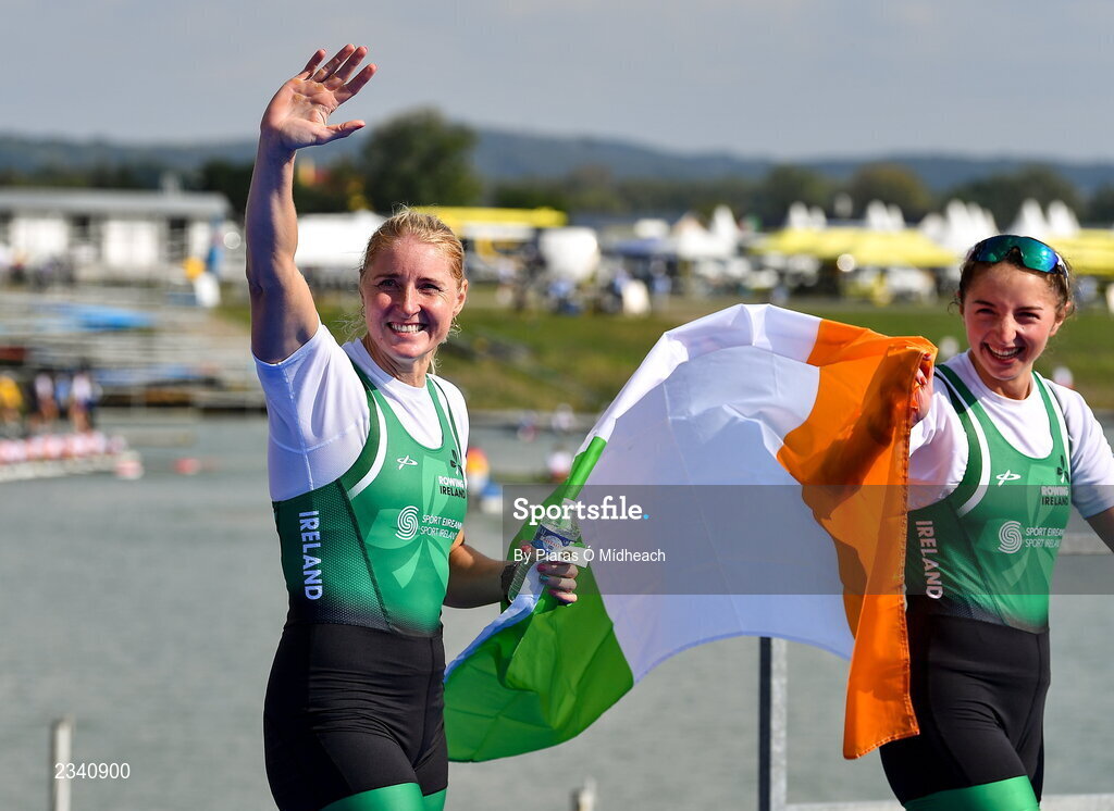 25 September 2022; Sanita Puspure, left, and Zoe Hyde of Ireland celebrate after finishing third in the Women's Double Sculls Final A, in a time of 06:52.81, during day 8 of the World Rowing Championships 2022 at Racice in Czech Republic. Photo by Piaras Ó Mídheach/Sportsfile