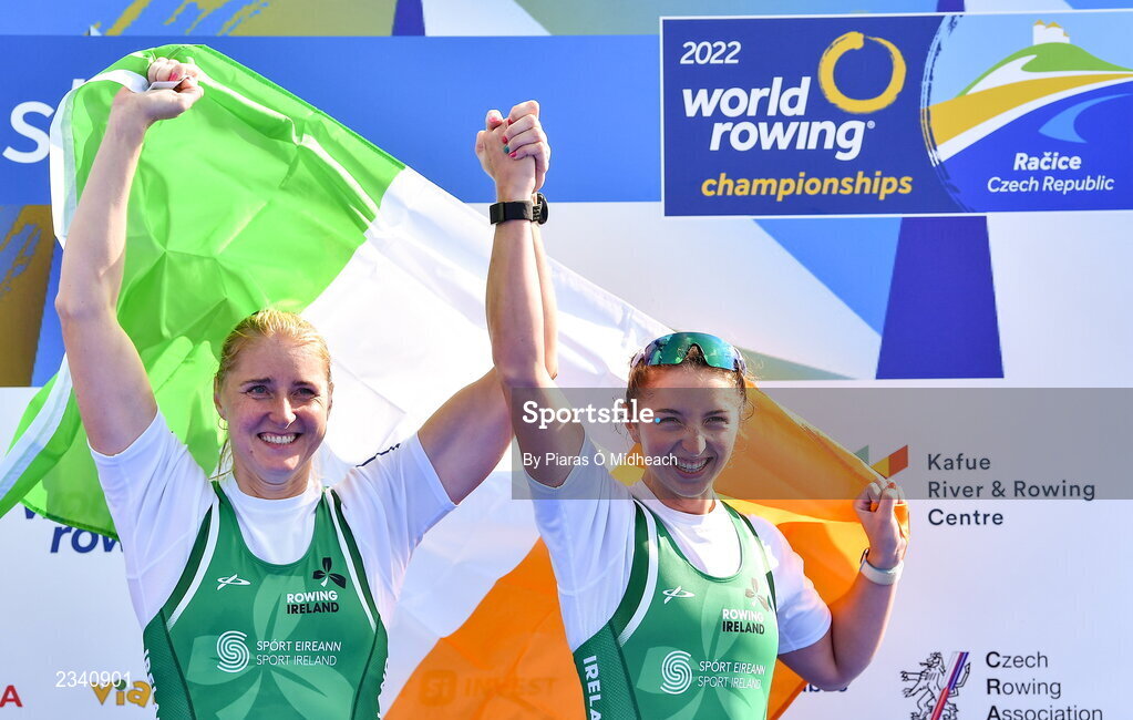 25 September 2022; Sanita Puspure, left, and Zoe Hyde of Ireland celebrate after finishing third in the Women's Double Sculls Final A, in a time of 06:52.81, during day 8 of the World Rowing Championships 2022 at Racice in Czech Republic. Photo by Piaras Ó Mídheach/Sportsfile