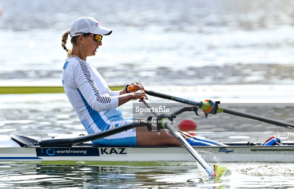 25 September 2022; Svetlana Germanovich of Kazakhstan on her way to finishing third in the Women's Single Sculls Final D, in a time of 08:12.09, during day 8 of the World Rowing Championships 2022 at Racice in Czech Republic. Photo by Piaras Ó Mídheach/Sportsfile