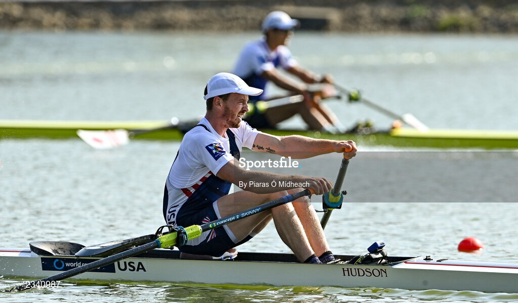 25 September 2022; Benjamin Davison of USA on his way to finishing second in the Men's Single Sculls Final B, in a time of 06:58.72, during day 8 of the World Rowing Championships 2022 at Racice in Czech Republic. Photo by Piaras Ó Mídheach/Sportsfile