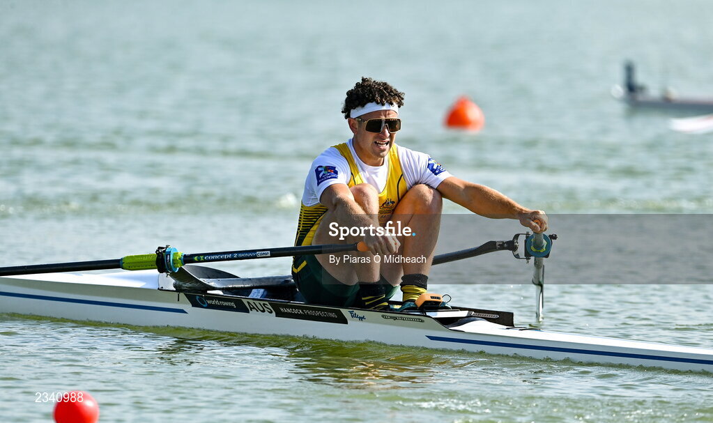 25 September 2022; Jack Cleary of Australia competes in the Men's Single Sculls Final B during day 8 of the World Rowing Championships 2022 at Racice in Czech Republic. Photo by Piaras Ó Mídheach/Sportsfile
