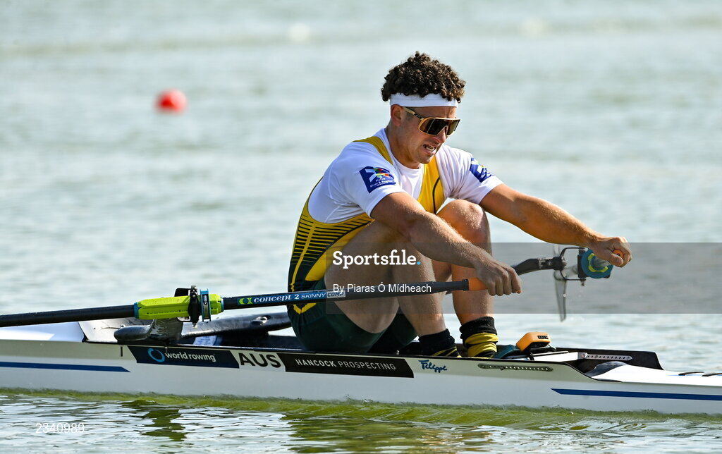 25 September 2022; Jack Cleary of Australia competes in the Men's Single Sculls Final B during day 8 of the World Rowing Championships 2022 at Racice in Czech Republic. Photo by Piaras Ó Mídheach/Sportsfile