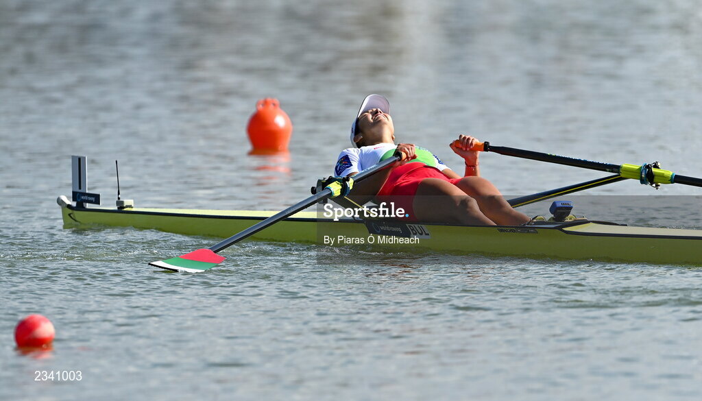25 September 2022; Desislava Angelova of Bulgaria after competing in the Women's Single Sculls Final B during day 8 of the World Rowing Championships 2022 at Racice in Czech Republic. Photo by Piaras Ó Mídheach/Sportsfile