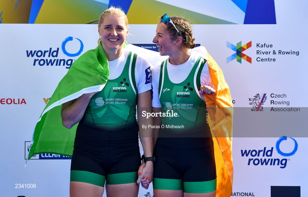 25 September 2022; Sanita Puspure, left, and Zoe Hyde of Ireland celebrate after finishing third in the Women's Double Sculls Final A, in a time of 06:52.81, during day 8 of the World Rowing Championships 2022 at Racice in Czech Republic. Photo by Piaras Ó Mídheach/Sportsfile