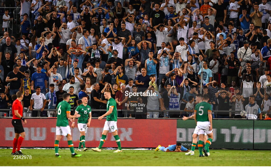 27 September 2022; Israel supporters react after Idan Gorno of Israel missed a goal chance during the UEFA European U21 Championship play-off second leg match between Israel and Republic of Ireland at Bloomfield Stadium in Tel Aviv, Israel. Photo by Seb Daly/Sportsfile