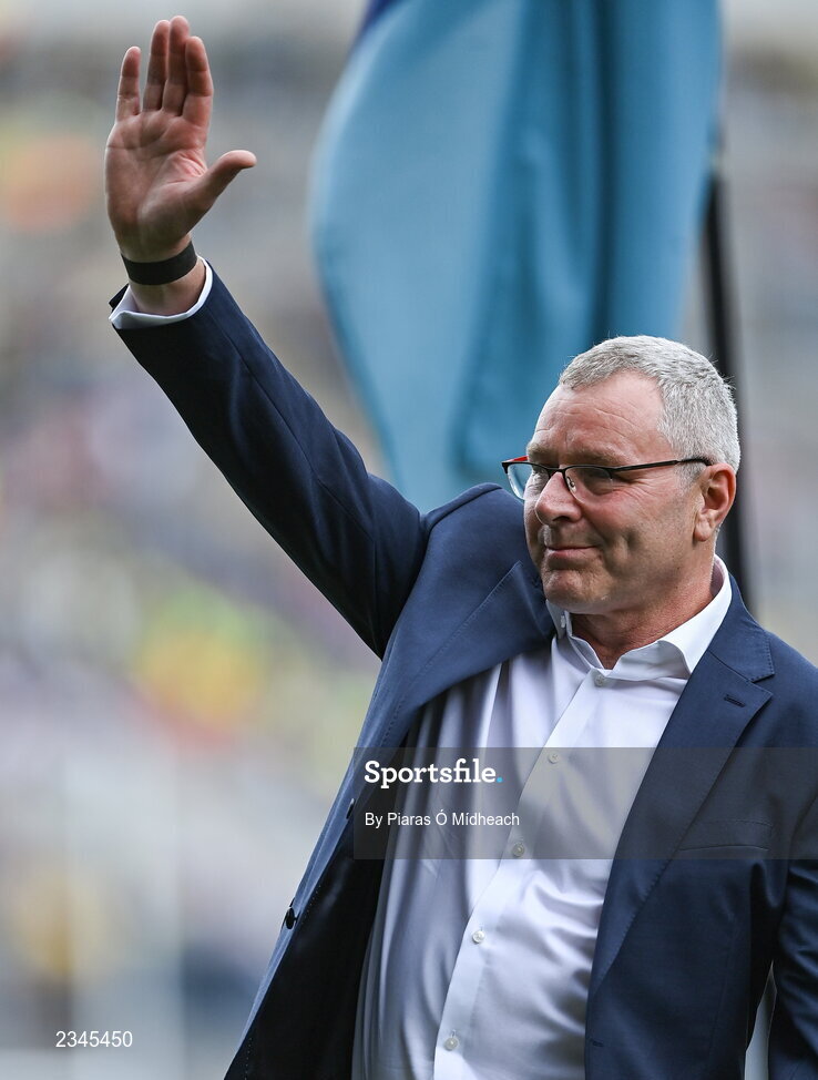 24 July 2022; Ciarán Walsh of the 1995 Dublin All-Ireland winning team as the Jubilee teams are introduced to the crowd before the GAA All-Ireland Senior Football Championship Final match between Kerry and Galway at Croke Park in Dublin. Photo by Piaras Ó Mídheach/Sportsfile