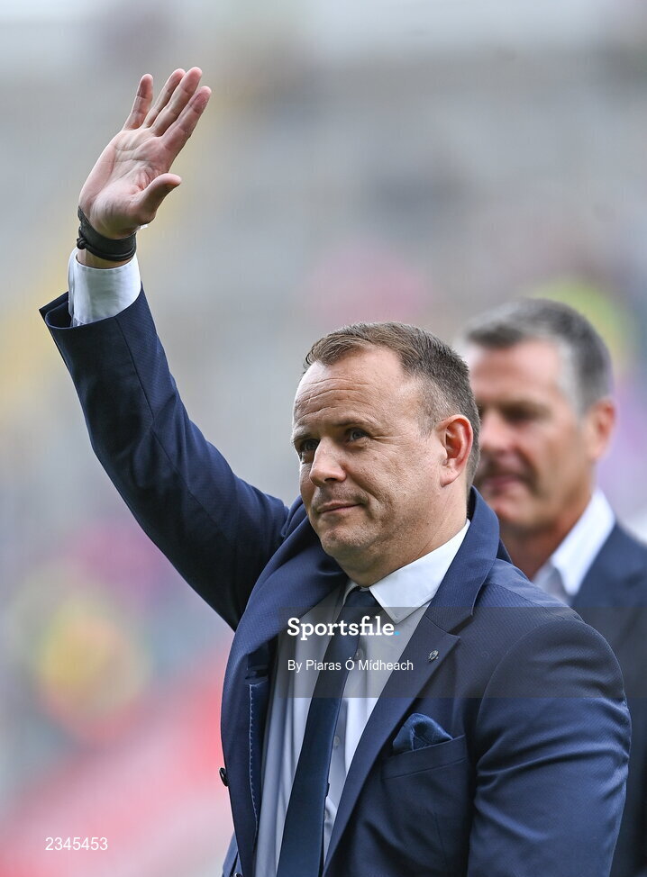 24 July 2022; Keith Galvin of the 1995 Dublin All-Ireland winning team as the Jubilee teams are introduced to the crowd before the GAA All-Ireland Senior Football Championship Final match between Kerry and Galway at Croke Park in Dublin. Photo by Piaras Ó Mídheach/Sportsfile