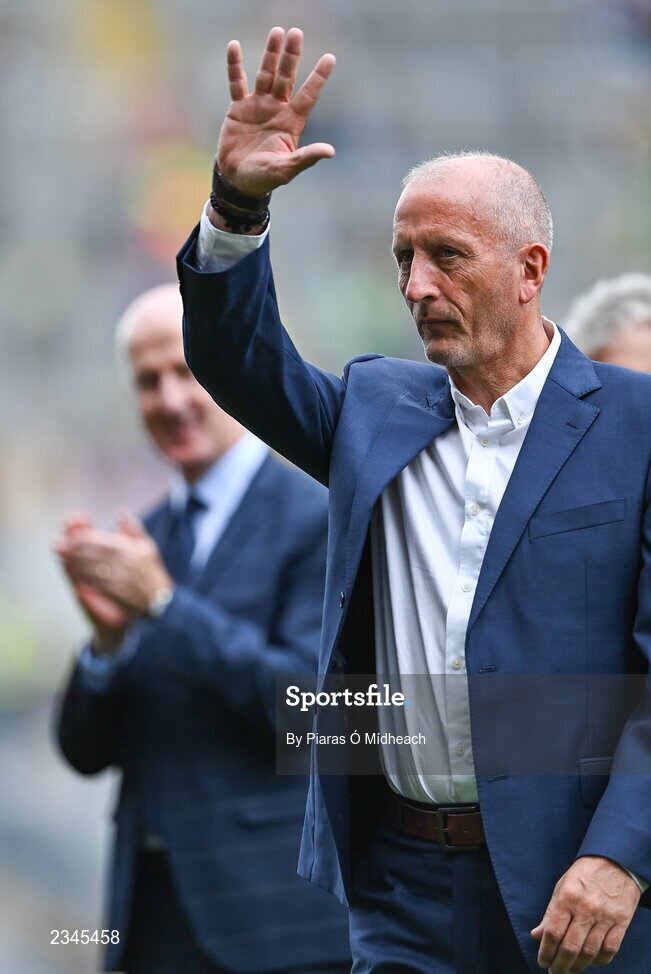 24 July 2022; Mick Galvin of the 1995 Dublin All-Ireland winning team as the Jubilee teams are introduced to the crowd before the GAA All-Ireland Senior Football Championship Final match between Kerry and Galway at Croke Park in Dublin. Photo by Piaras Ó Mídheach/Sportsfile